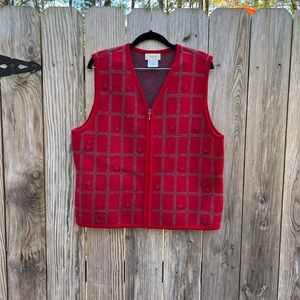 TALBOTS Vintage Red 100% Wool Zipper Floral Vest Women’s Large